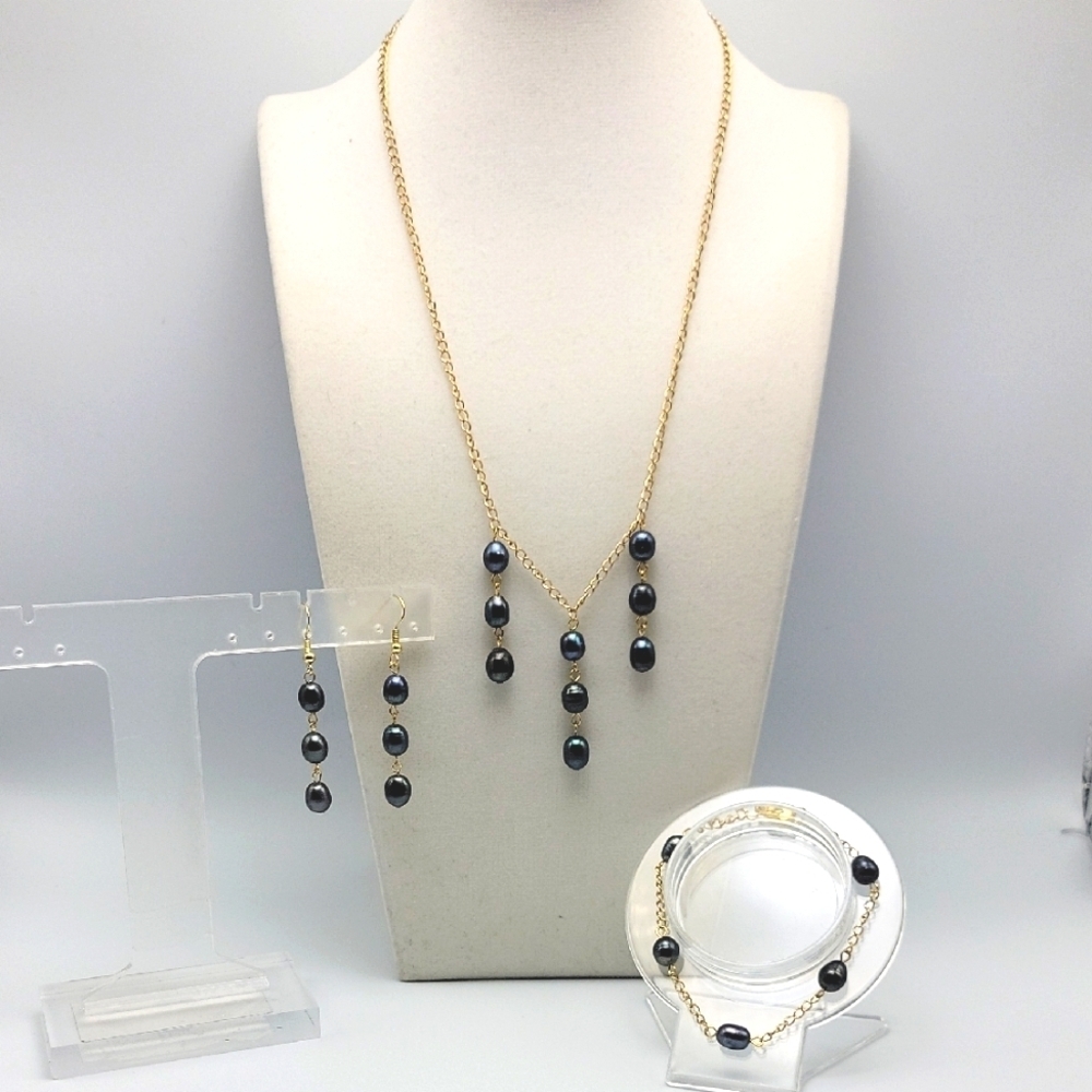 NWT Natural Black 7-8mm Freshwater Baroque Pearl Necklace Bracelet Earrings Set